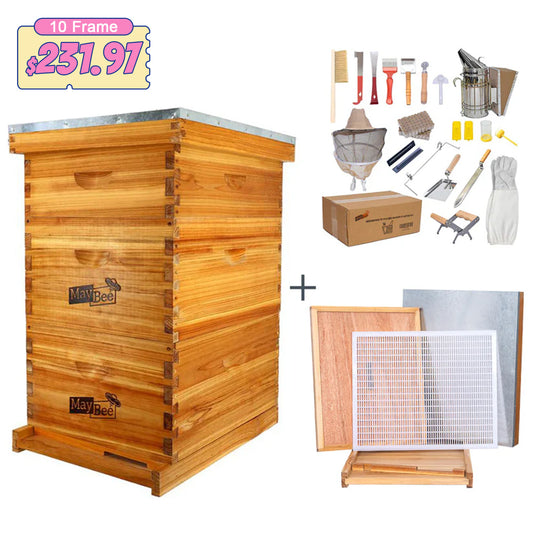 MayBee Hives Wax-Coated 10 Frame 3 Layer Honey Bee Hives, Best Beekeeping Starter Kit And A suit of In reserve Beehive Top,Inner Cover,Bottom Board,Plastic Queen Excluder