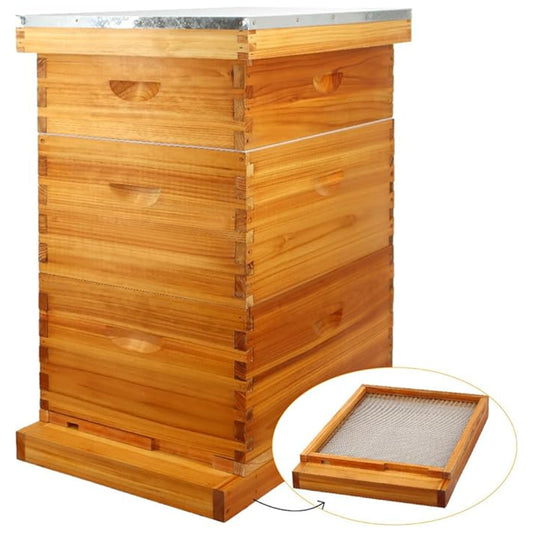 MayBee 10 Frame Screened Bottom Board Beehive Dipped in 100% Beeswax, Bee Hives Kit Includes 2 Deep Boxes & 1 Medium Box with Beehive Frames and Heavy Wax Coated Foundations.Preferred for Summer.
