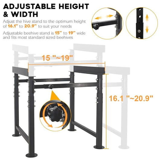 MayBee Adjustable Metal Bee Hive Stand, Adjustable Height(16.1”-20.9”) Hive Stand, Adjustable Width(15”-19”) Bee Hive Frame Stands Hive Stand Frame