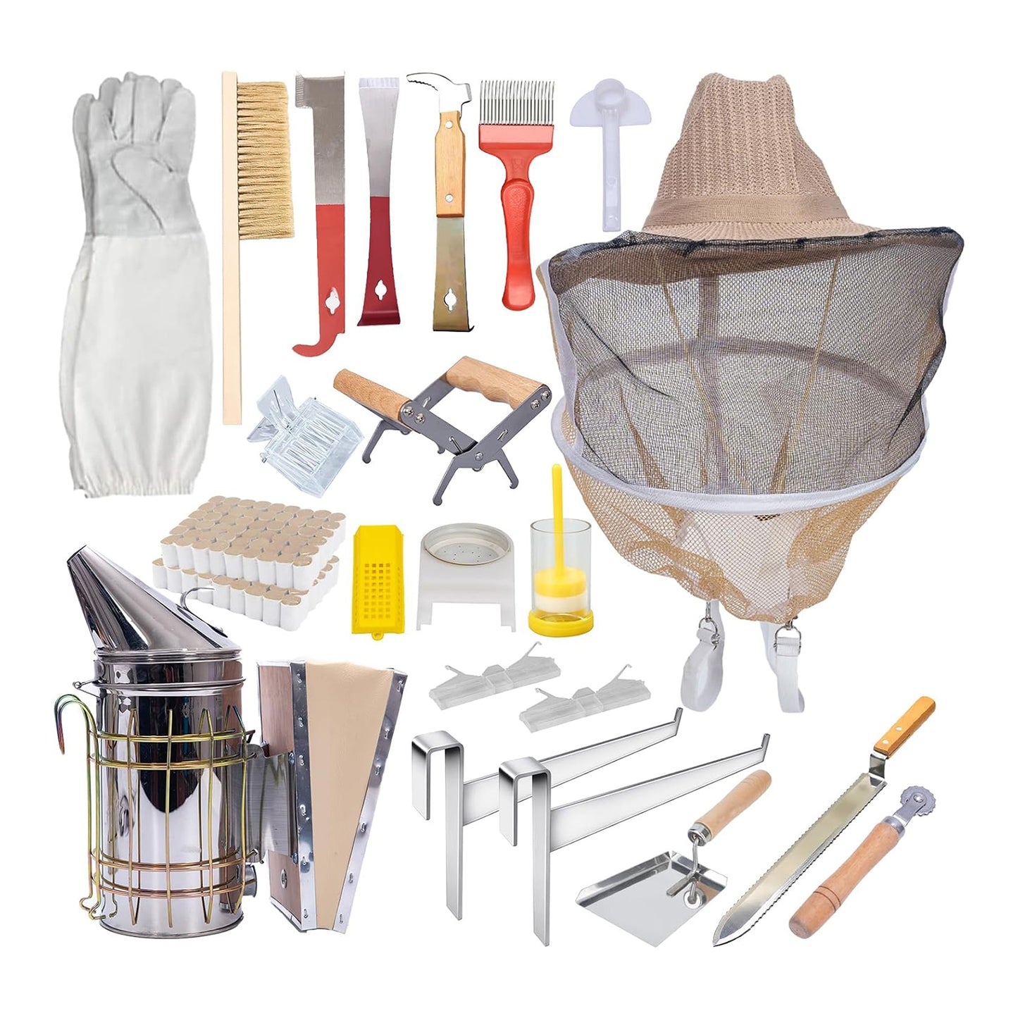 MayBee Hives 8 Starter Kit Complete Bee Hive:22 PCS Beekeeping Tool For Beginner And Wax Coated Langstroth Deep Brood Bee Boxes Including Wooden Frame and Beeswax Foundation With Beekeeping Veil