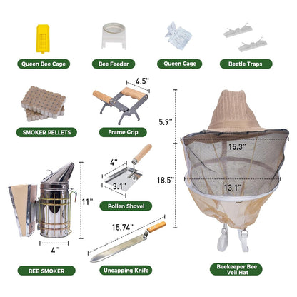MayBee Hives 8 Starter Kit Complete Bee Hive:22 PCS Beekeeping Tool For Beginner And Wax Coated Langstroth Deep Brood Bee Boxes Including Wooden Frame and Beeswax Foundation With Beekeeping Veil