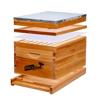 MayBee Hives 8 Starter Kit Complete Bee Hive:22 PCS Beekeeping Tool For Beginner And Wax Coated Langstroth Deep Brood Bee Boxes Including Wooden Frame and Beeswax Foundation With Beekeeping Veil