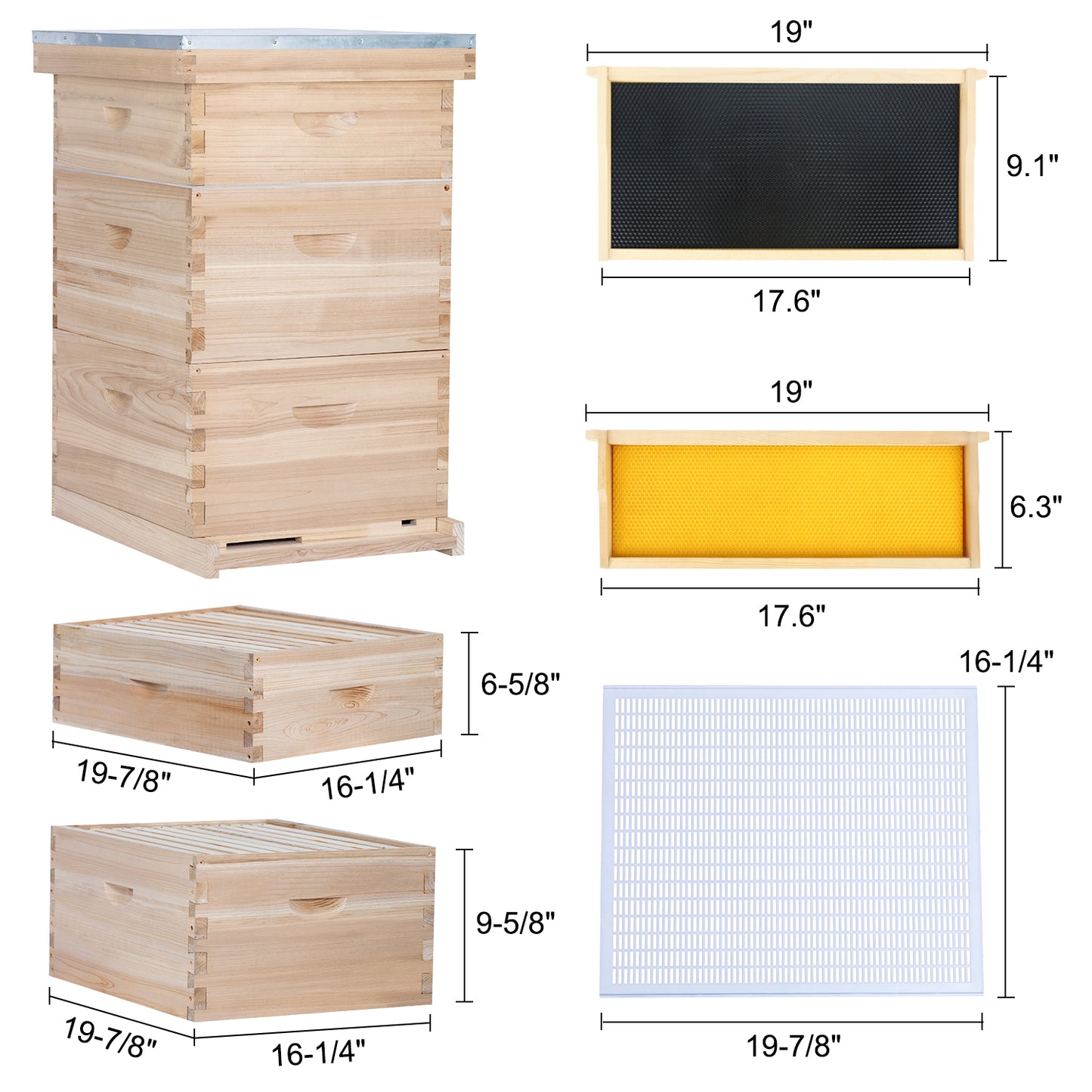 MayBee Hives 10-Frame Complete Bee Hives and Supplies Starter Kit：2 Deep Box Bee Hive and 1 Beehive Medium Super Boxes ,with Beehive Frames and Waxed Foundations