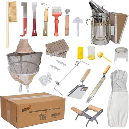 MayBee Hives 10 Frame Best Beekeeping Starter Kit Include 22 pcs Beekeeping Tool,Wax Coated Langstroth Deep Brood Bee Box with 100% Beeswax Plastic Foundation,Beekeeping Veil for Beginners Beekeeper