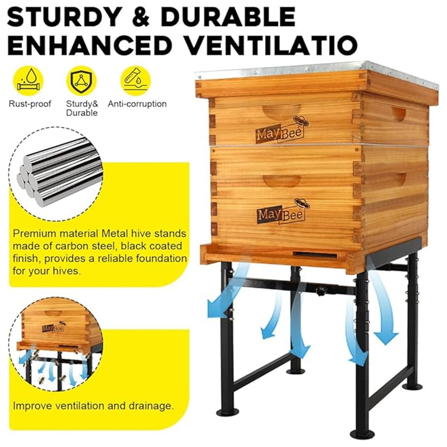 MayBee Adjustable Metal Bee Hive Stand, Adjustable Height(16.1”-20.9”) Hive Stand, Adjustable Width(15”-19”) Bee Hive Frame Stands Hive Stand Frame