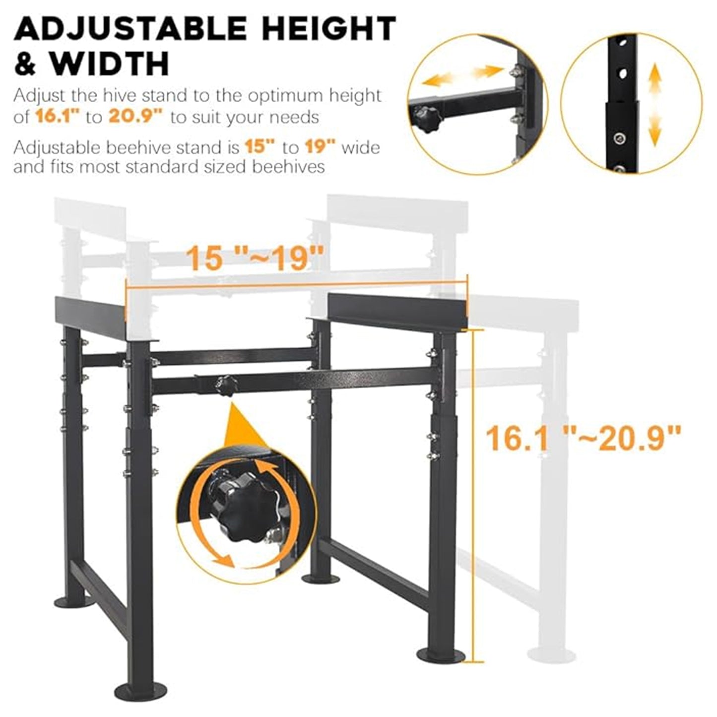 MayBee Adjustable Metal Bee Hive Stand, Adjustable Height(16.1”-20.9”) Hive Stand, Adjustable Width(15”-19”) Bee Hive Frame Stands Hive Stand Frame