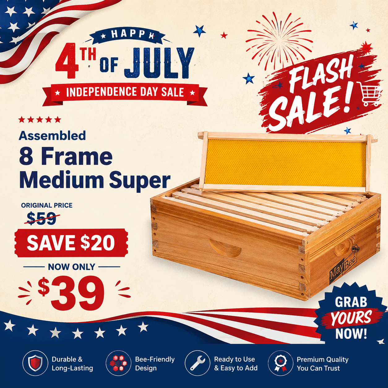 MayBee Hives Assembled 8 Frame Medium Super Bee Box BeesWax Coated Bee Hives Includes Pine Wood Frame, BeesWaxed Foundation Sheets