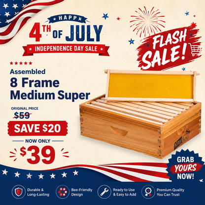 MayBee Hives Assembled 8 Frame Medium Super Bee Box BeesWax Coated Bee Hives Includes Pine Wood Frame, BeesWaxed Foundation Sheets